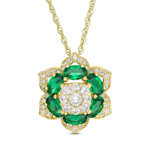 Lab-Created Emerald and White Sapphire Flower Frame Pendant in Sterling Silver with 14K Gold Plate