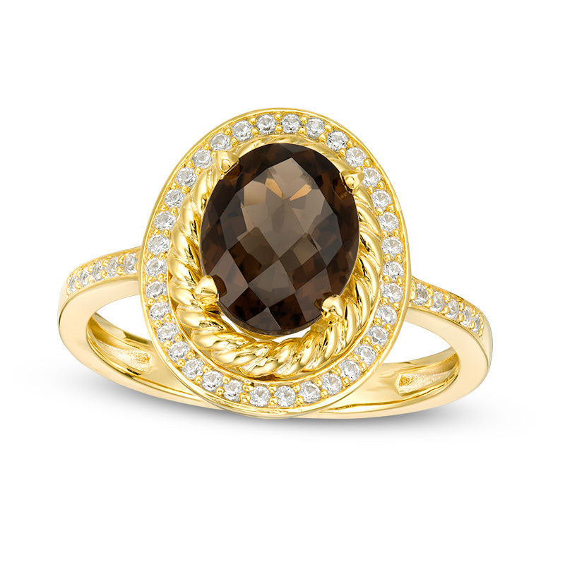 Oval Smoky Quartz and Lab-Created White Sapphire Frame Ring in Sterling Silver with Solid 14K Gold Plate