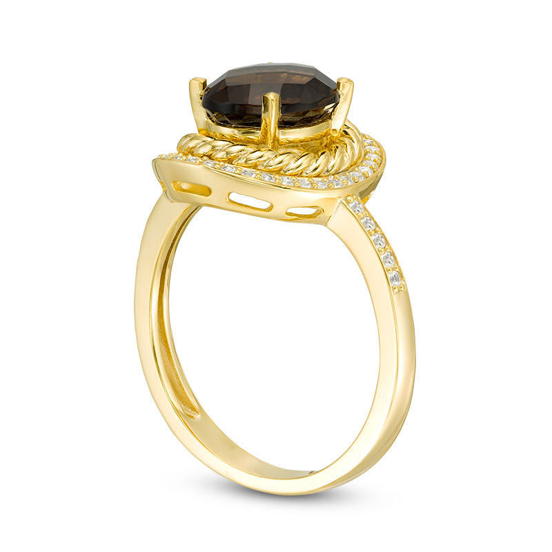 Oval Smoky Quartz and Lab-Created White Sapphire Frame Ring in Sterling Silver with Solid 14K Gold Plate