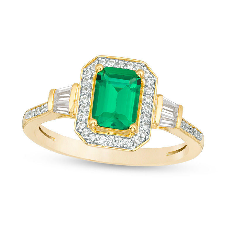 Emerald-Cut Lab-Created Emerald and 0.25 CT. T.W. Diamond Frame Ring in Solid 10K Yellow Gold