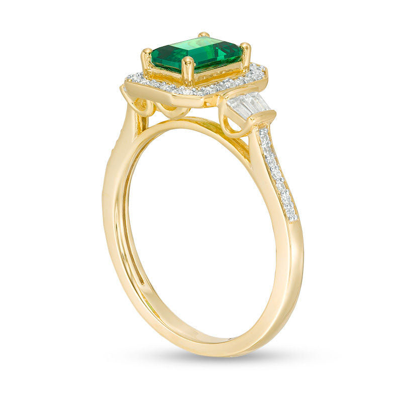 Emerald-Cut Lab-Created Emerald and 0.25 CT. T.W. Diamond Frame Ring in Solid 10K Yellow Gold