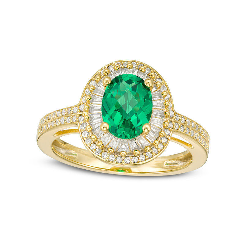 Oval Lab-Created Emerald and White Sapphire Double Frame Ring in Sterling Silver with Solid 14K Gold Plate