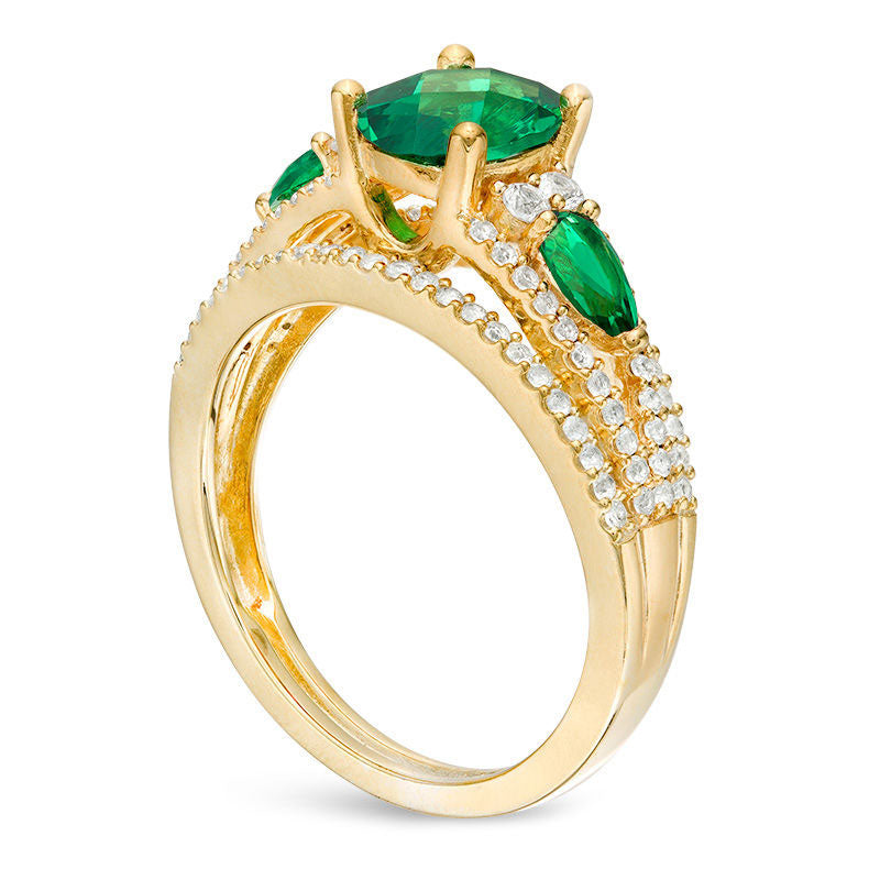 Oval Lab-Created Emerald and 0.50 CT. T.W. Diamond Three Stone Ring in Solid 10K Yellow Gold