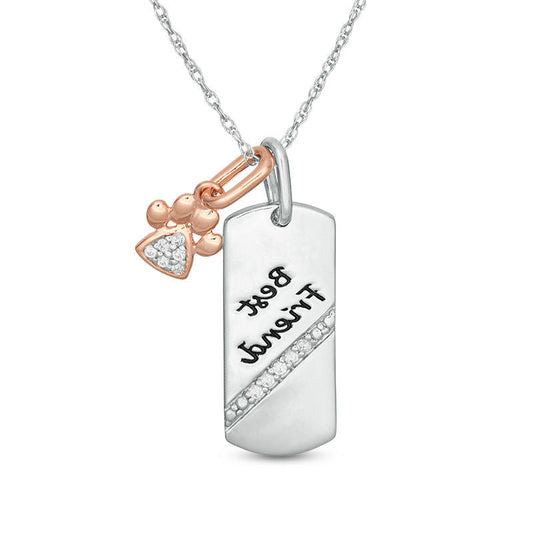 0.07 CT. T.W. Natural Diamond Paw Print and Best Friend" Dog Tag Pendant in Sterling Silver and 10K Rose Gold"