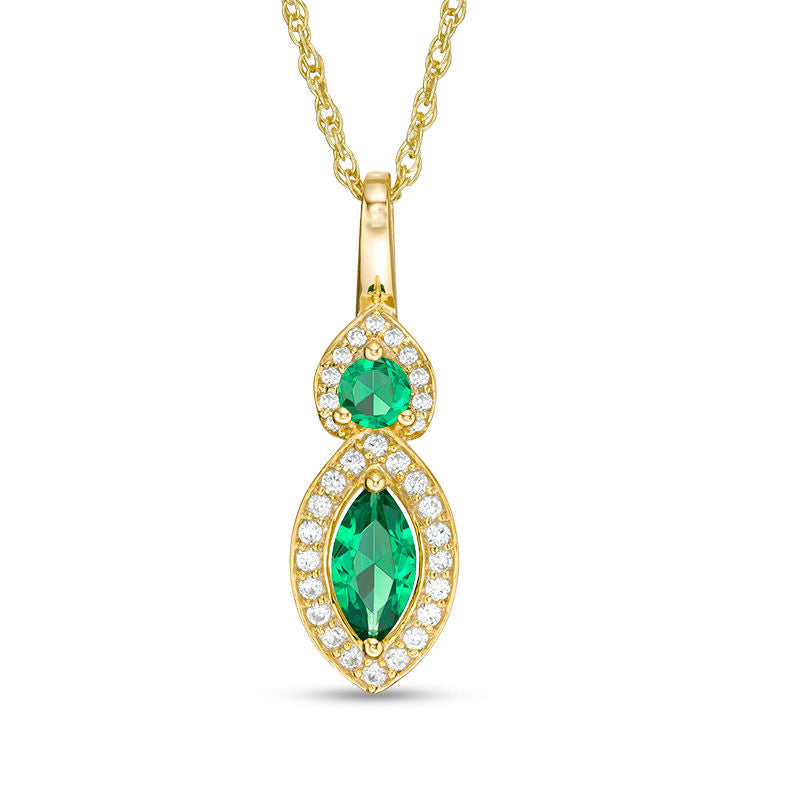 Lab-Created Emerald and White Sapphire Frame Duo Pendant in Sterling Silver with 14K Gold Plate