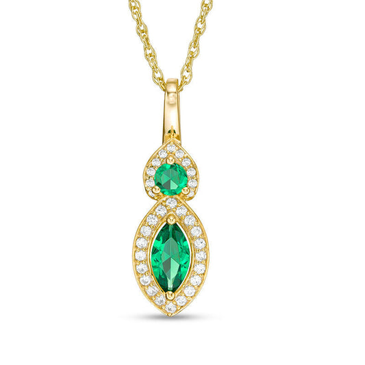 Lab-Created Emerald and White Sapphire Frame Duo Pendant in Sterling Silver with 14K Gold Plate