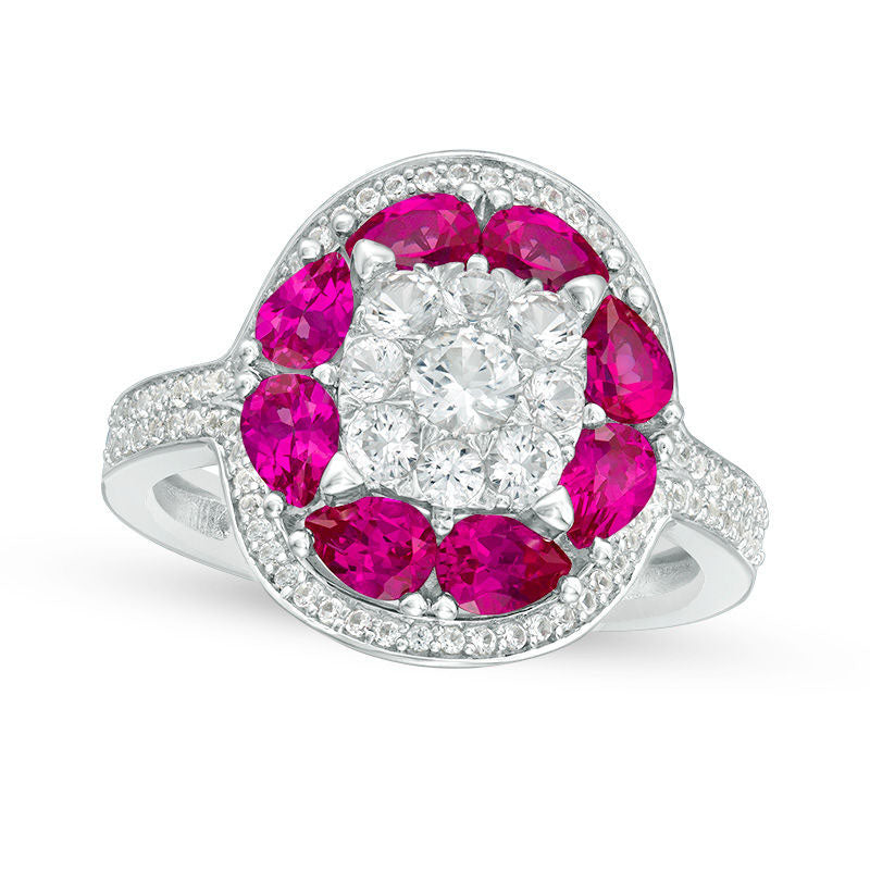 Lab-Created Ruby and White Sapphire Cluster Art Deco Oval Frame Ring in Sterling Silver