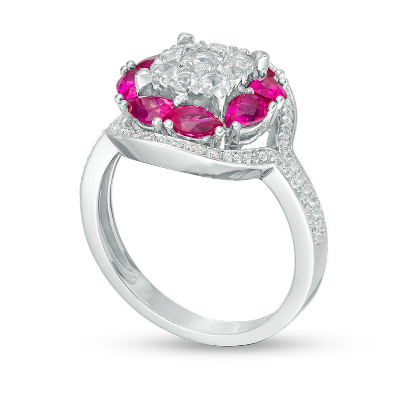 Lab-Created Ruby and White Sapphire Cluster Art Deco Oval Frame Ring in Sterling Silver