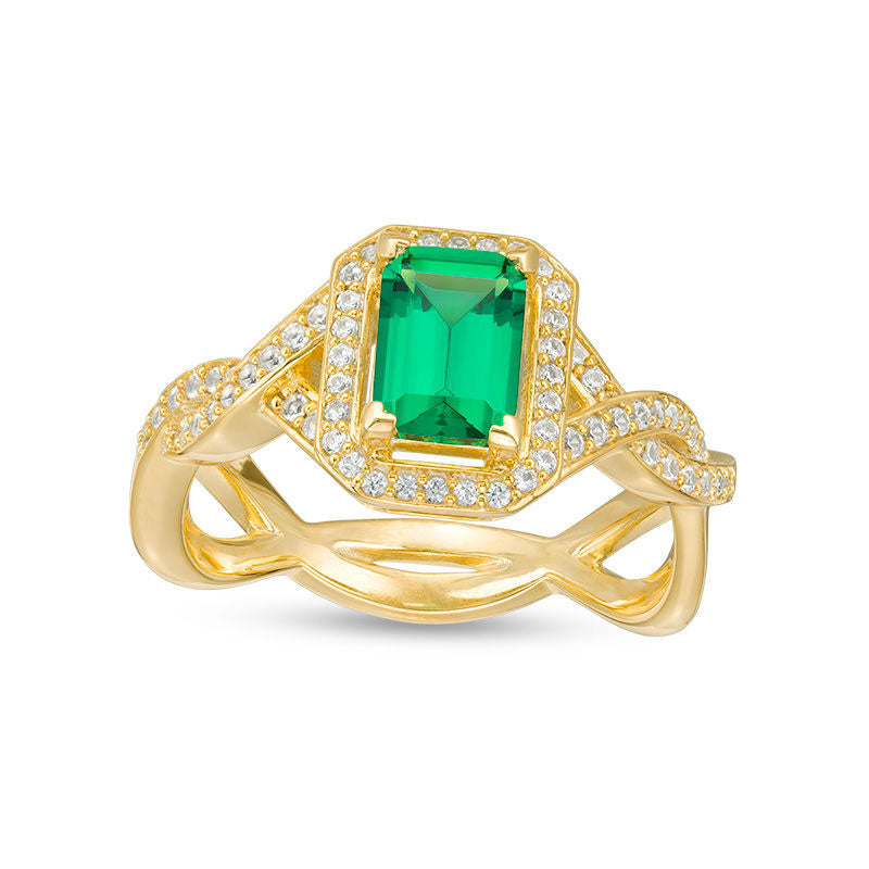 Emerald-Cut Lab-Created Emerald and 0.25 CT. T.W. Diamond Frame Ring in Solid 10K Yellow Gold