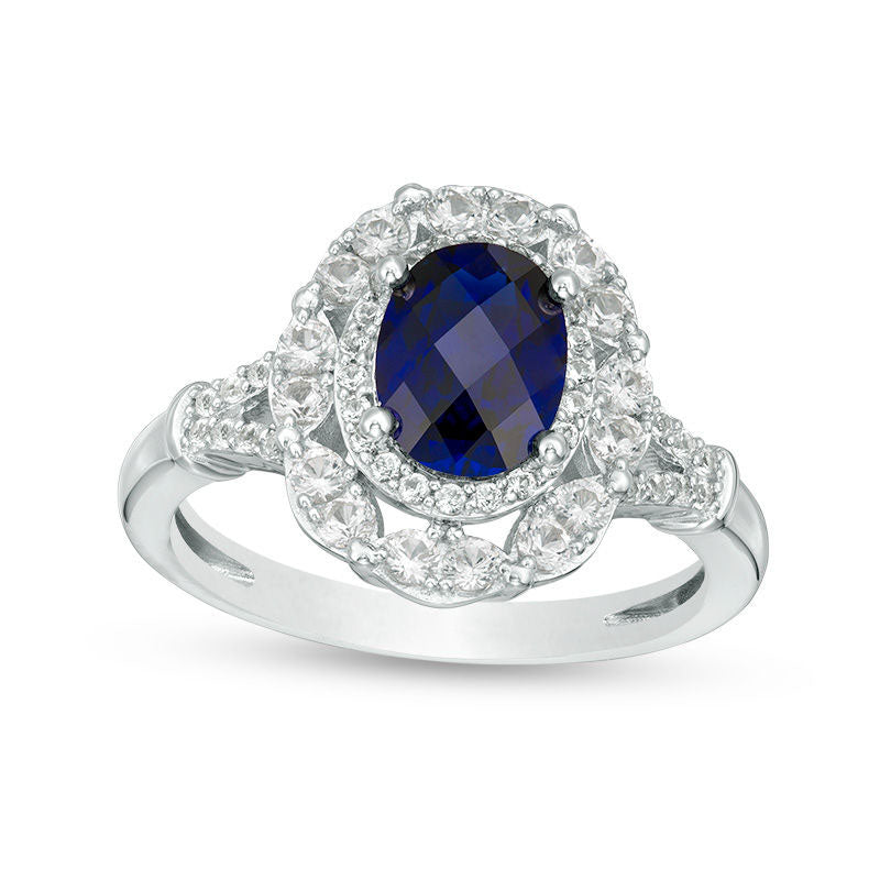 Oval Lab-Created Blue and White Sapphire Frame Ring in Sterling Silver