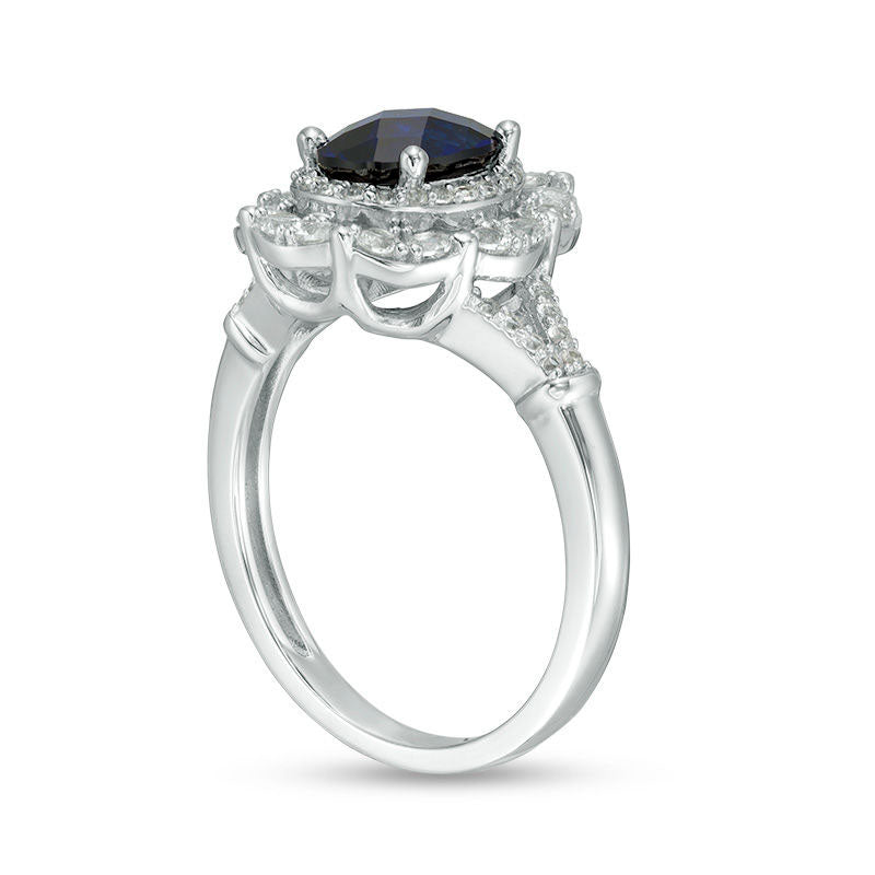 Oval Lab-Created Blue and White Sapphire Frame Ring in Sterling Silver