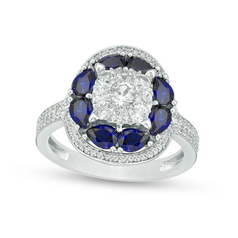 Lab-Created Blue and White Sapphire Cluster Art Deco Oval Frame Ring in Sterling Silver