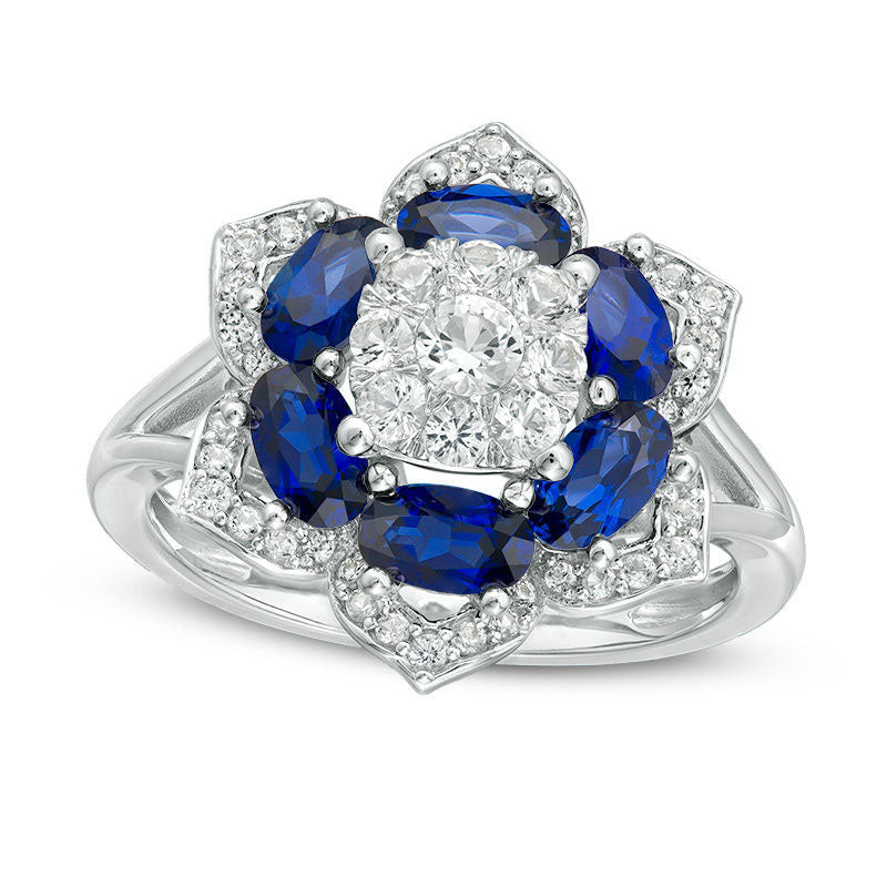 Lab-Created Blue and White Sapphire Flower Frame Ring in Sterling Silver