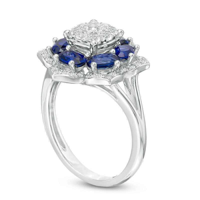 Lab-Created Blue and White Sapphire Flower Frame Ring in Sterling Silver