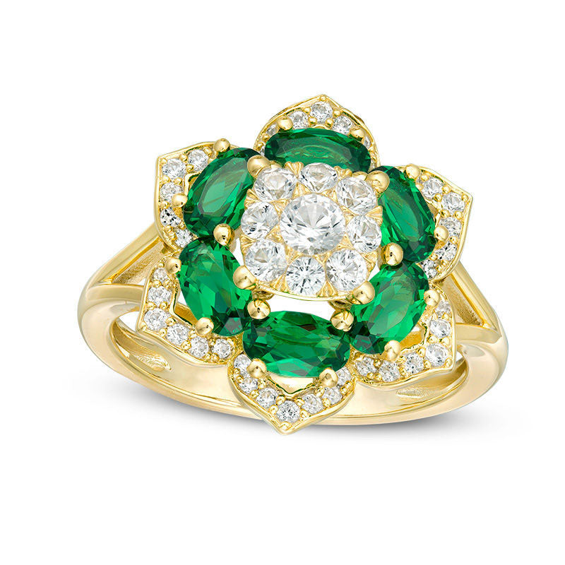 Lab-Created Emerald and White Sapphire Flower Frame Ring in Sterling Silver with Solid 14K Gold Plate