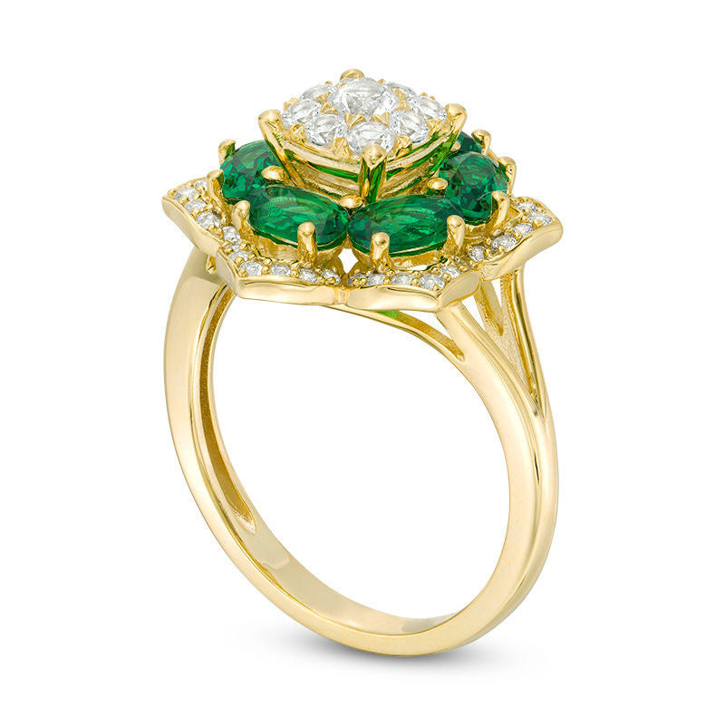 Lab-Created Emerald and White Sapphire Flower Frame Ring in Sterling Silver with Solid 14K Gold Plate