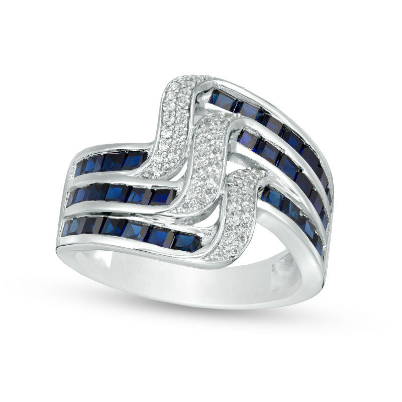 Princess-Cut Lab-Created Blue and White Sapphire Multi-Row Wave Ring in Sterling Silver