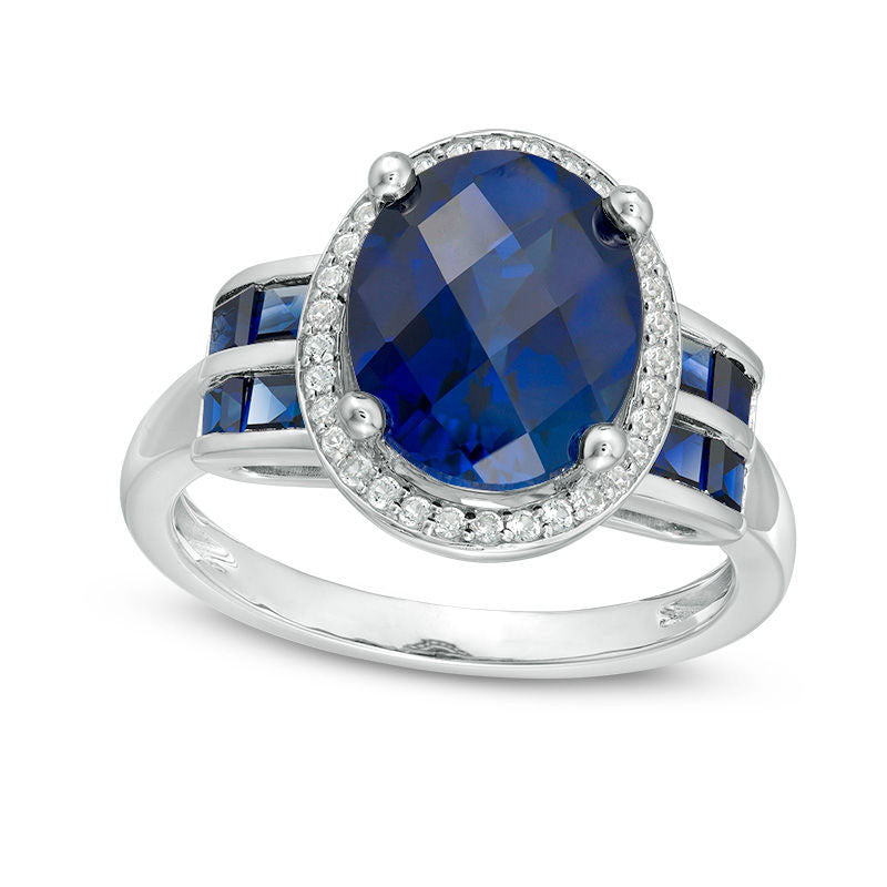 Oval Lab-Created Blue and White Sapphire Frame Double Row Ring in Sterling Silver