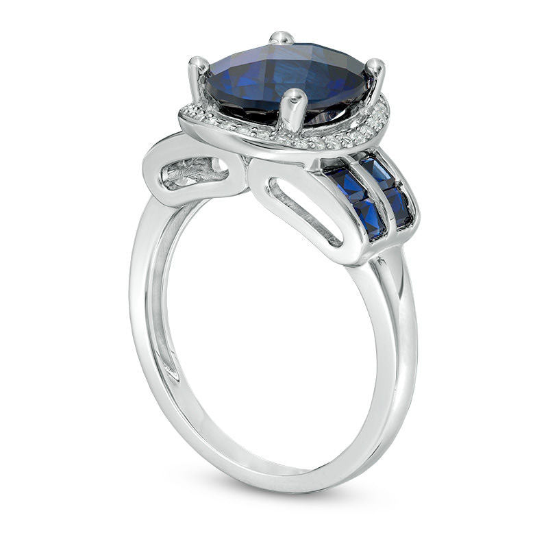 Oval Lab-Created Blue and White Sapphire Frame Double Row Ring in Sterling Silver