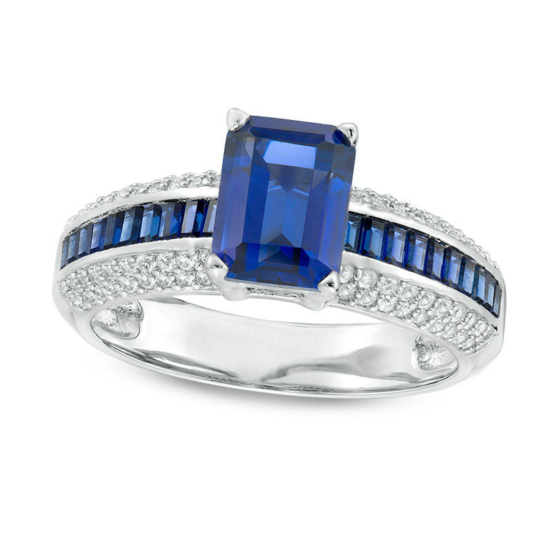 Emerald-Cut Lab-Created Blue and White Sapphire Ring in Sterling Silver