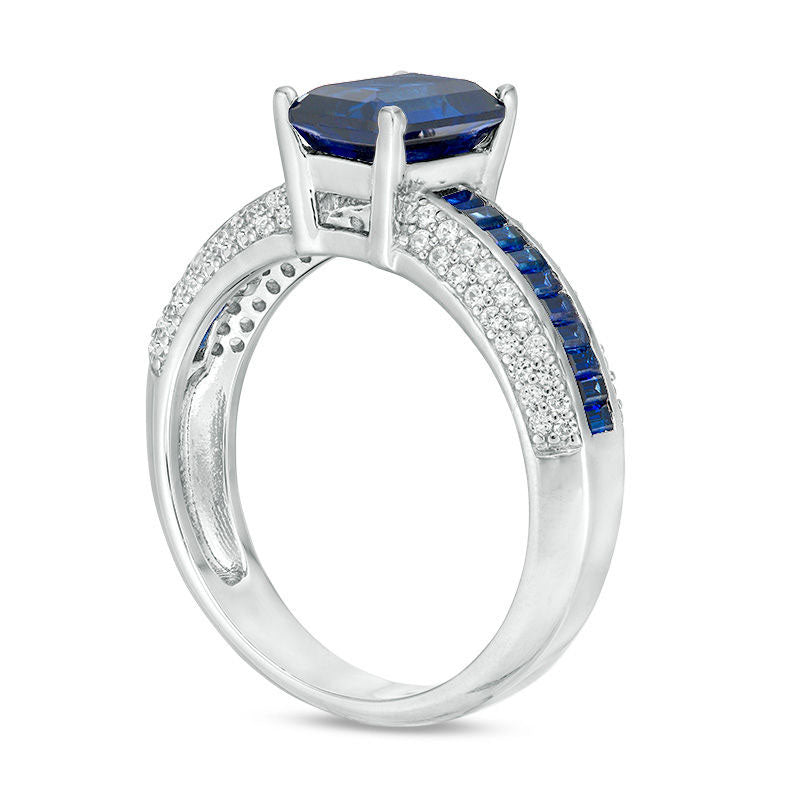 Emerald-Cut Lab-Created Blue and White Sapphire Ring in Sterling Silver