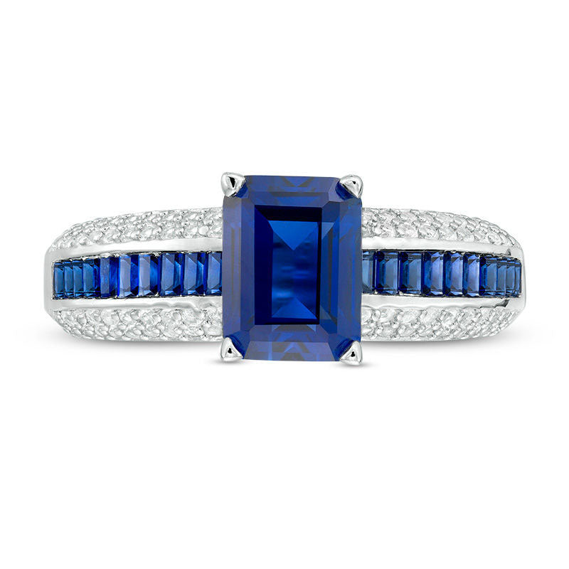 Emerald-Cut Lab-Created Blue and White Sapphire Ring in Sterling Silver