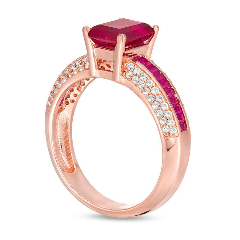 Emerald-Cut Lab-Created Ruby and White Sapphire Ring in Sterling Silver with Solid 14K Rose Gold Plate