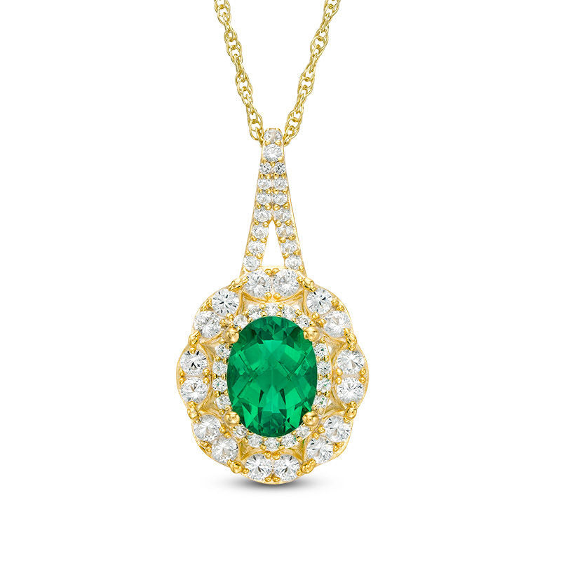 Oval Lab-Created Emerald and White Sapphire Double Frame Pendant in Sterling Silver with 14K Gold Plate