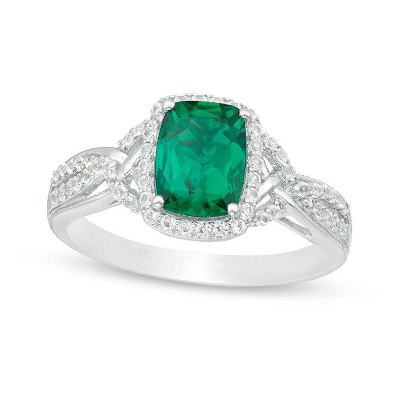 Cushion-Cut Lab-Created Emerald and White Sapphire Frame Braided Shank Ring in Sterling Silver