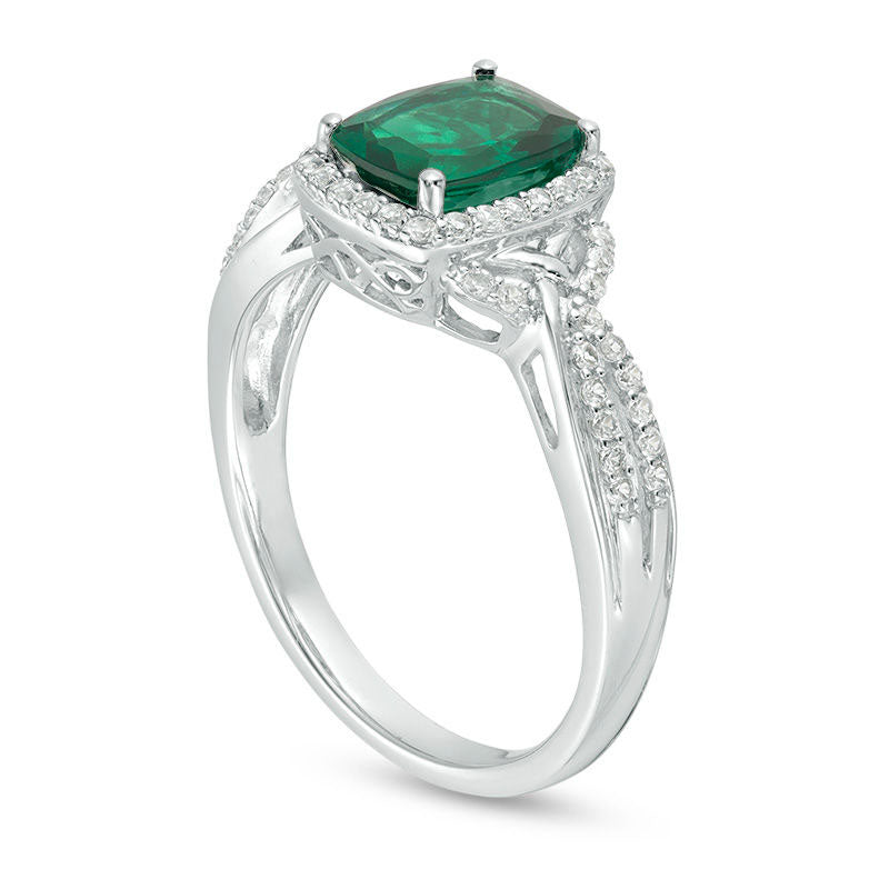 Cushion-Cut Lab-Created Emerald and White Sapphire Frame Braided Shank Ring in Sterling Silver