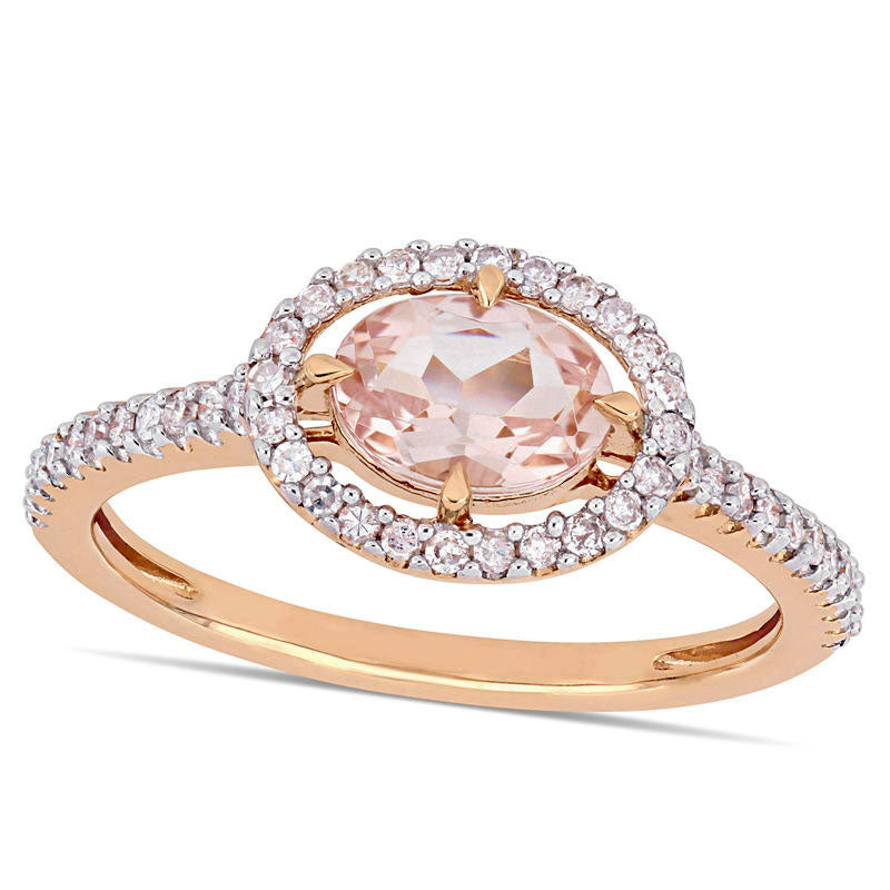 Sideways Oval Morganite and 0.25 CT. T.W. Natural Diamond Frame Ring in Solid 14K Rose Gold