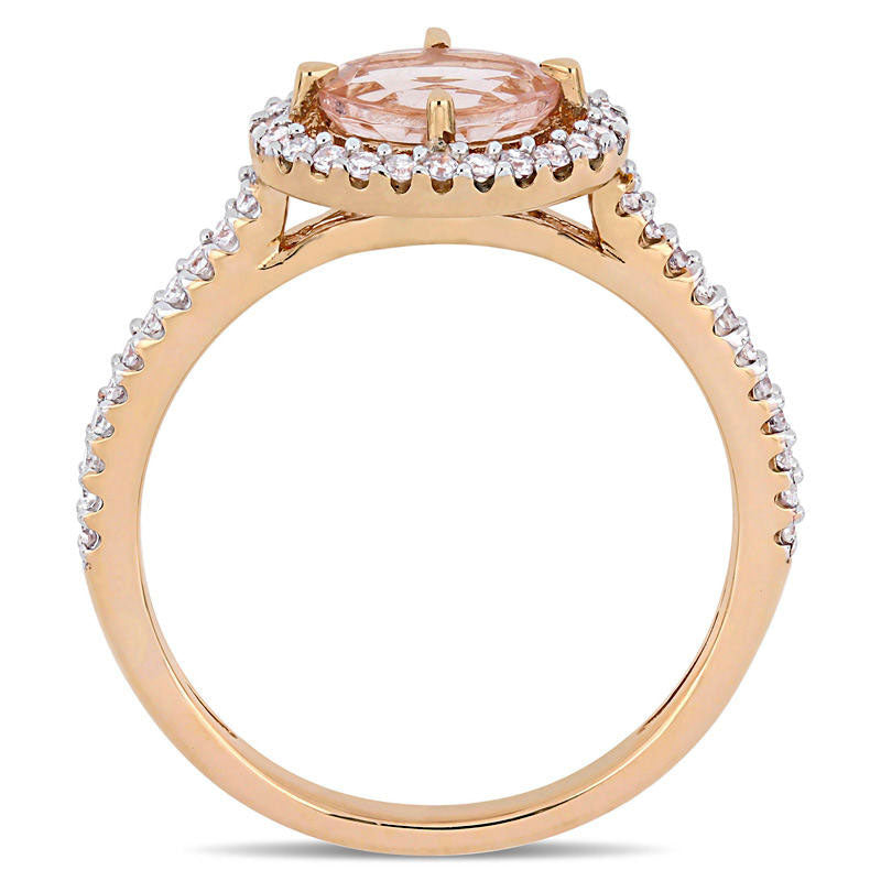 Sideways Oval Morganite and 0.25 CT. T.W. Natural Diamond Frame Ring in Solid 14K Rose Gold