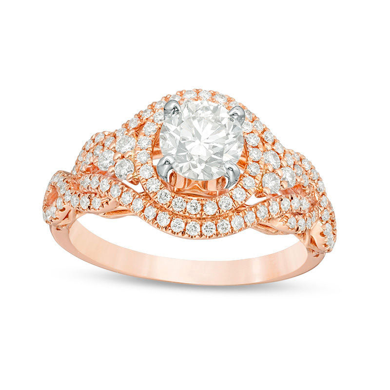 1.0 CT. T.W. Natural Diamond Double Frame Tri-Sides Twist Engagement Ring in Solid 14K Rose Gold