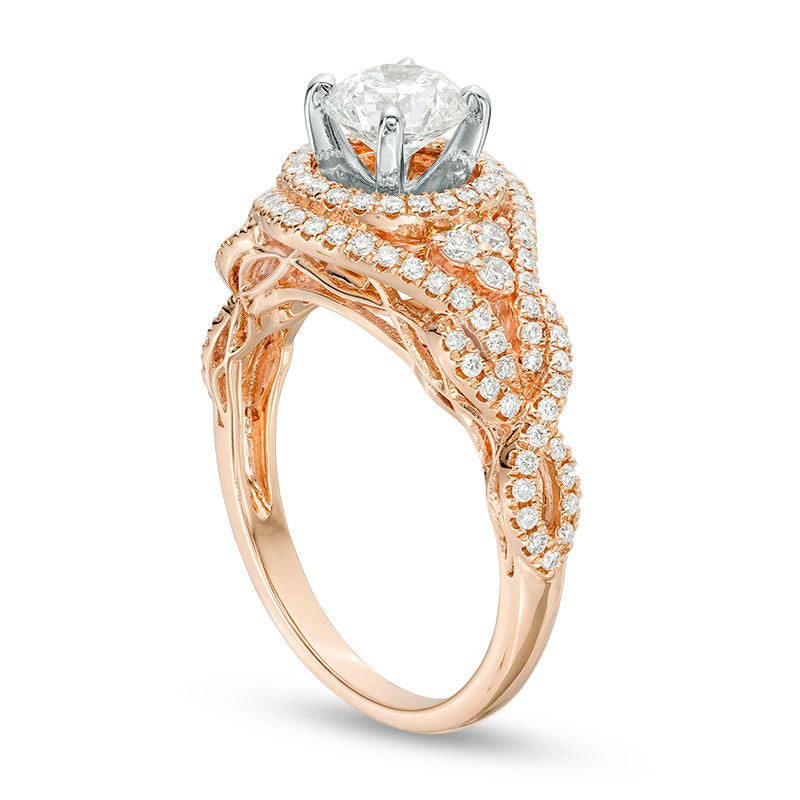 1.0 CT. T.W. Natural Diamond Double Frame Tri-Sides Twist Engagement Ring in Solid 14K Rose Gold