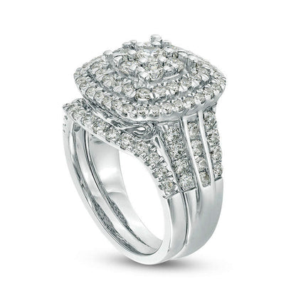 2.0 CT. T.W. Natural Diamond Triple Cushion Frame Bridal Engagement Ring Set in Solid 10K White Gold