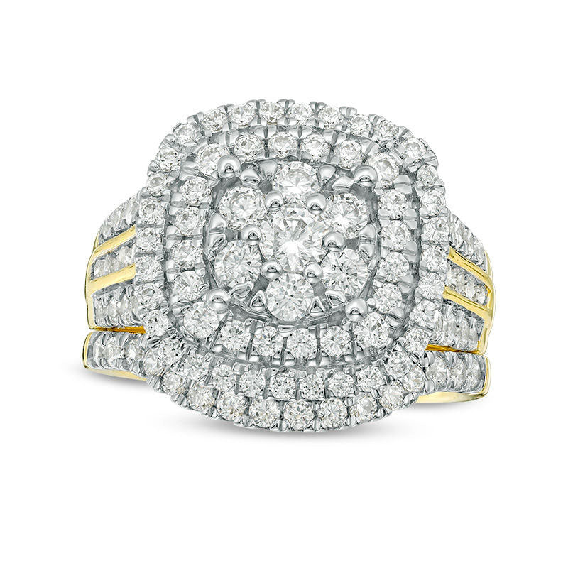 2.0 CT. T.W. Natural Diamond Triple Cushion Frame Bridal Engagement Ring Set in Solid 10K Yellow Gold