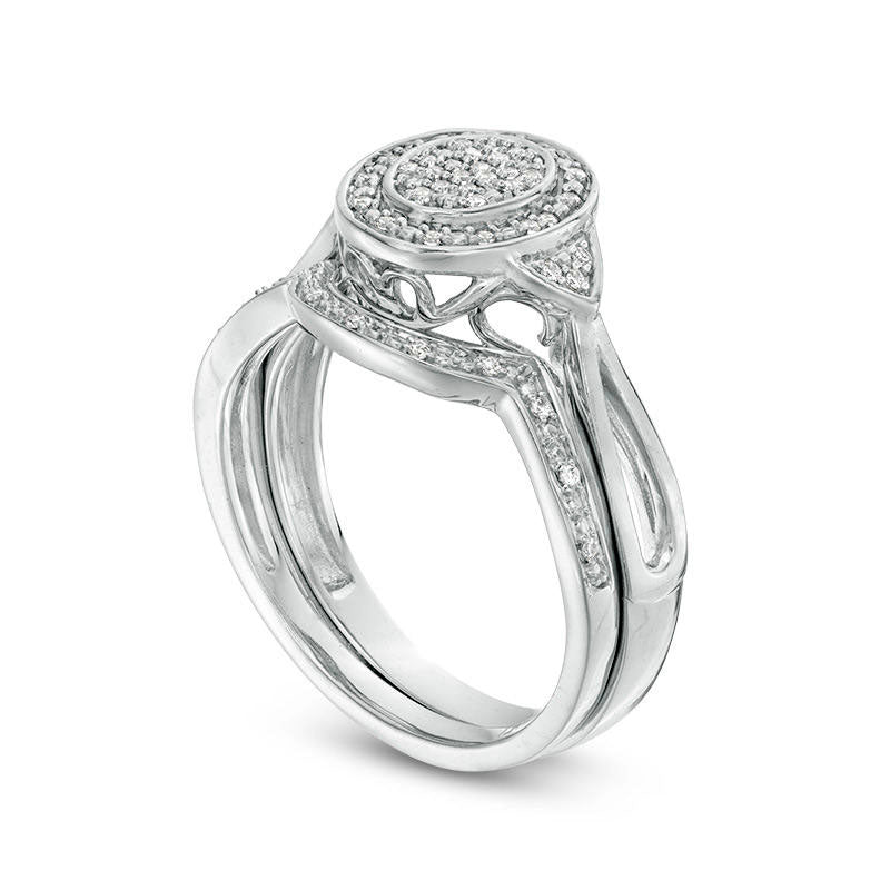 0.17 CT. T.W. Oval Composite Natural Diamond Frame Tri-Sides Bridal Engagement Ring Set in Sterling Silver