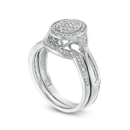 0.17 CT. T.W. Oval Composite Natural Diamond Frame Tri-Sides Bridal Engagement Ring Set in Sterling Silver