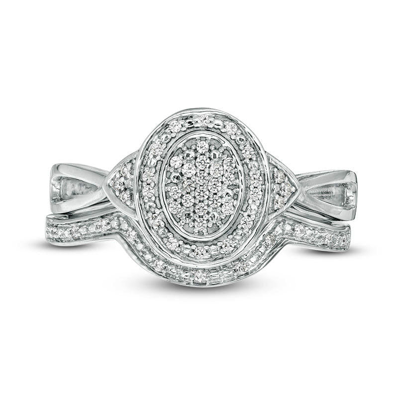 0.17 CT. T.W. Oval Composite Natural Diamond Frame Tri-Sides Bridal Engagement Ring Set in Sterling Silver