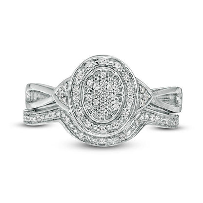 0.17 CT. T.W. Oval Composite Natural Diamond Frame Tri-Sides Bridal Engagement Ring Set in Sterling Silver