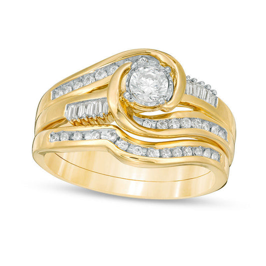 0.50 CT. T.W. Natural Diamond Bypass Swirl Bridal Engagement Ring Set in Solid 10K Yellow Gold