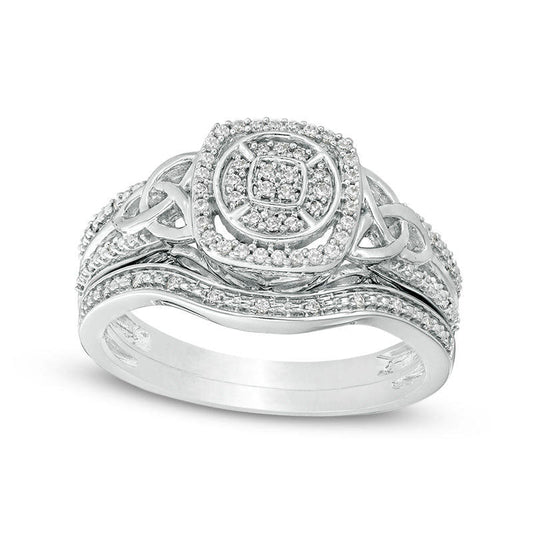 0.20 CT. T.W. Composite Natural Diamond Cushion Frame Celtic Knot Sides Bridal Engagement Ring Set in Sterling Silver