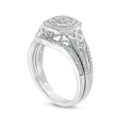0.20 CT. T.W. Composite Natural Diamond Cushion Frame Celtic Knot Sides Bridal Engagement Ring Set in Sterling Silver