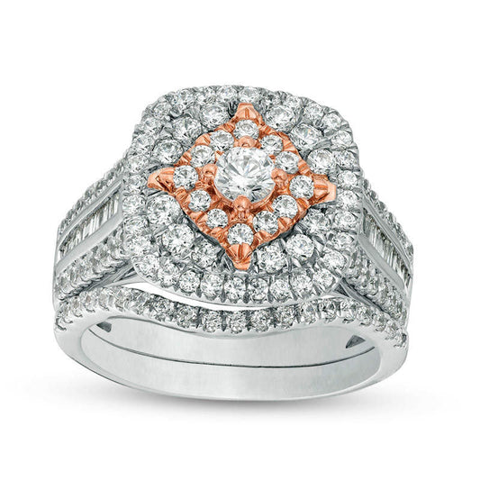 1.5 CT. T.W. Natural Diamond Cushion Frame Multi-Row Bridal Engagement Ring Set in Solid 10K Two-Tone Gold