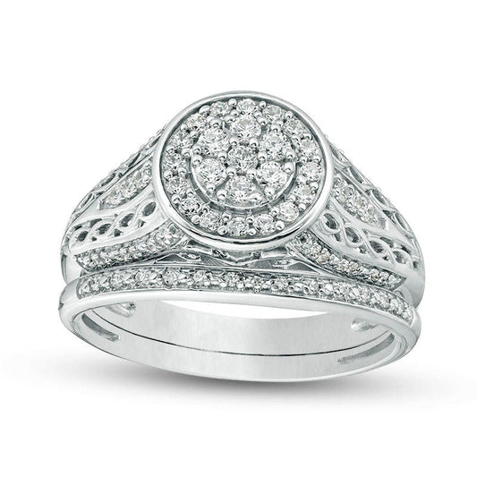 0.50 CT. T.W. Composite Natural Diamond Double Frame Filigree Bridal Engagement Ring Set in Sterling Silver