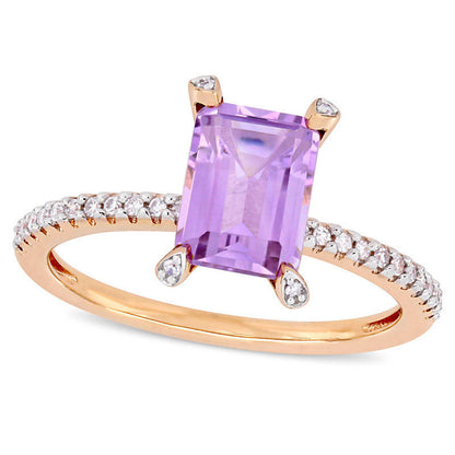 Emerald-Cut Rose de France Amethyst and 0.10 CT. T.W. Natural Diamond Engagement Ring in Solid 10K Rose Gold