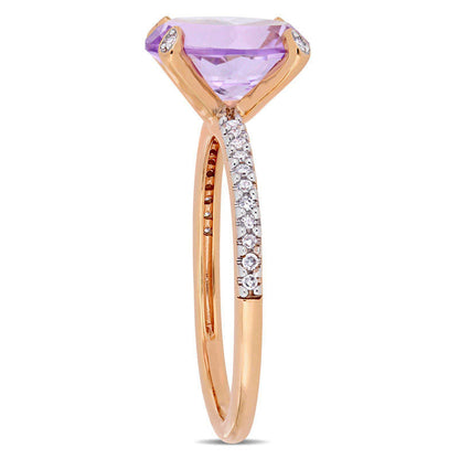 Oval Rose de France Amethyst and 0.10 CT. T.W. Natural Diamond Engagement Ring in Solid 10K Rose Gold