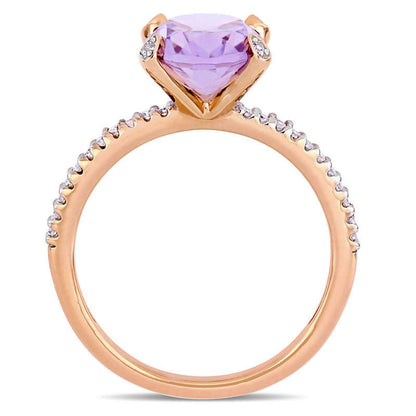 Oval Rose de France Amethyst and 0.10 CT. T.W. Natural Diamond Engagement Ring in Solid 10K Rose Gold