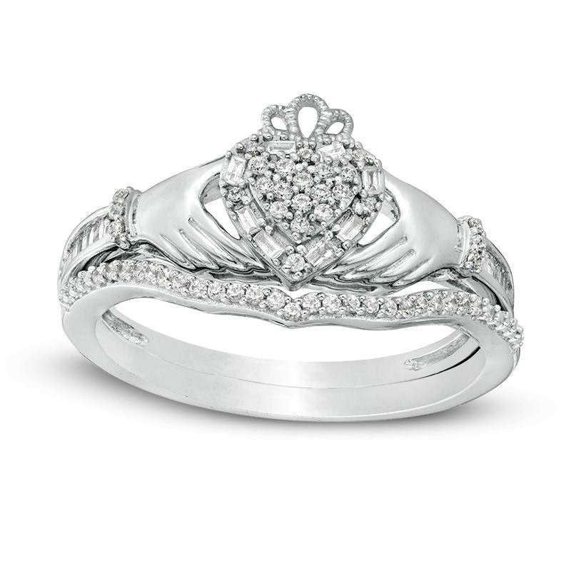0.25 CT. T.W. Composite Natural Diamond Frame Claddagh Bridal Engagement Ring Set in Solid 10K White Gold