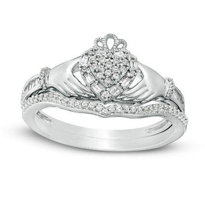 0.25 CT. T.W. Composite Natural Diamond Frame Claddagh Bridal Engagement Ring Set in Solid 10K White Gold